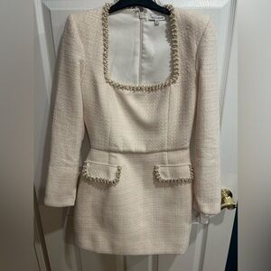 NADINE MERABI Cream Long Sleeve Dress with Pearl Trim